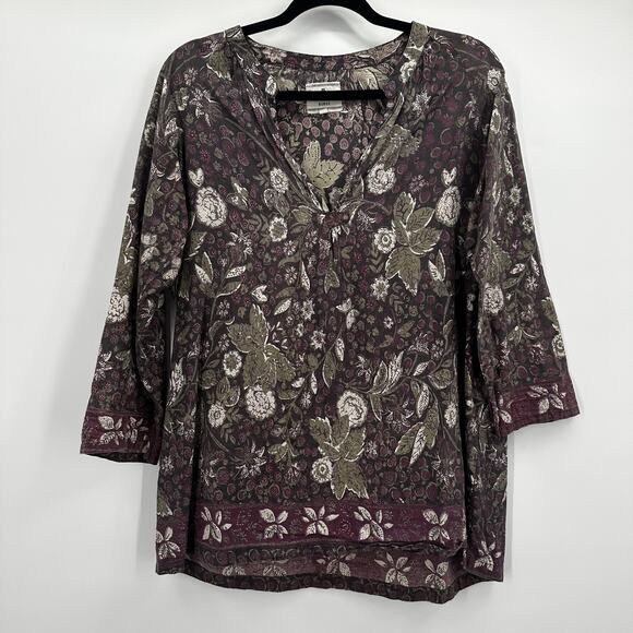Bsbee Top Womens Medium Floral Print 3/4 Sleeve Handmade Khadi Cotton Boho - Picture 1 of 13